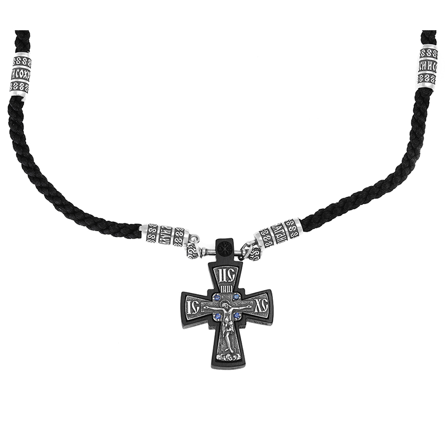 Шнурок с крестом, серебро, сапфир, SОК-319-24